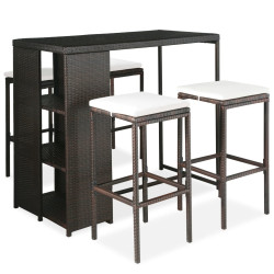 5 Pcs conjunto de bar p/ jardim com almofadões vime PE castanho