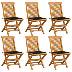 Cadeiras de jardim c/ almofadões pretos 6 pcs teca maciça