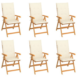 Cadeiras de jardim c/ almofadões cor creme 6 pcs teca maciça