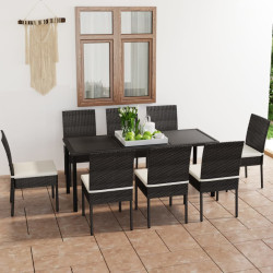 9 Pcs conjunto de jantar para jardim vime PE preto