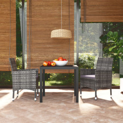 3 Pcs conjunto de jantar p/ jardim c/ almofadões vime PE cinza