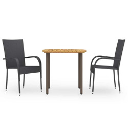3 Pcs conjunto de jantar para jardim vime PE preto