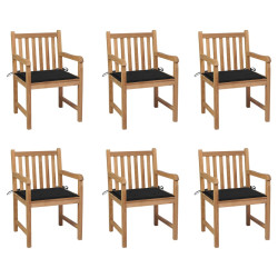 Cadeiras de jardim c/ almofadões pretos 6 pcs teca maciça