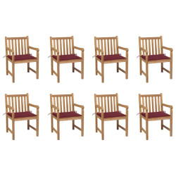Cadeiras de jardim almofadões vermelho tinto 8 pcs teca maciça