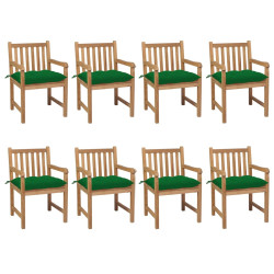Cadeiras de jardim c/ almofadões verdes 8 pcs teca maciça