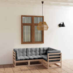 4 Pcs conjunto lounge de jardim c/ almofadões pinho maciço