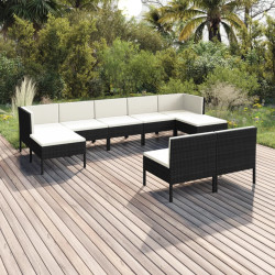 9 Pcs conjunto lounge de jardim c/ almofadões vime PE preto