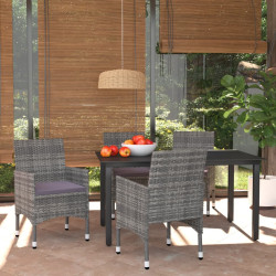5 Pcs conjunto jantar p/ jardim c/ almofadões vime PE cinzento
