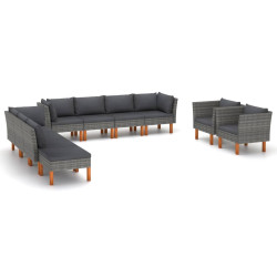 10 Pcs conj. lounge jardim vime PE e madeira eucalipto cinzento