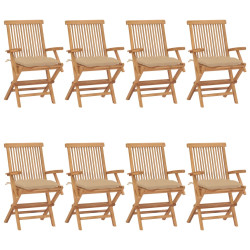 Cadeiras de jardim c/ almofadões beges 8 pcs teca maciça