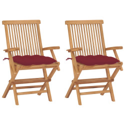 Cadeiras jardim c/ almofadões vermelho tinto 2 pcs teca maciça