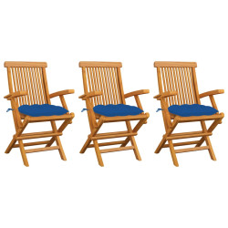Cadeiras de jardim c/ almofadões azuis 3 pcs teca maciça