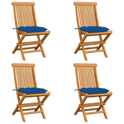 Cadeiras de jardim c/ almofadões azuis 4 pcs teca maciça