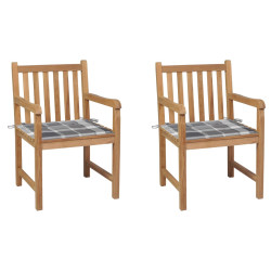Cadeiras jardim c/ almofadões xadrez cinzento 2 pcs teca maciça