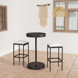 3 Pcs conjunto bar de jardim com almofadões vime PE preto