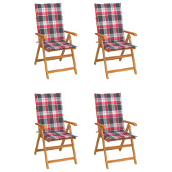 Cadeiras jardim c/ almofadões xadrez vermelho 4 pcs teca maciça