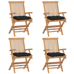 Cadeiras de jardim c/ almofadões pretos 4 pcs teca maciça