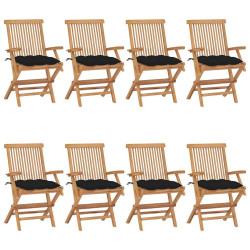 Cadeiras de jardim c/ almofadões pretos 8 pcs teca maciça