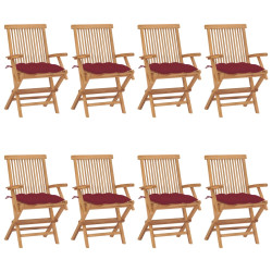 Cadeiras de jardim + almofadões vermelho tinto 8pcs teca maciça