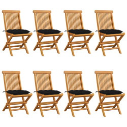 Cadeiras de jardim c/ almofadões pretos 8 pcs teca maciça