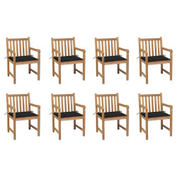Cadeiras de jardim c/ almofadões preto 8 pcs teca maciça