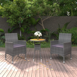 3 Pcs conjunto de jantar para jardim vime PE cinzento