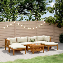 7 Pcs conjunto lounge jardim c/ almofadões creme acácia maciça