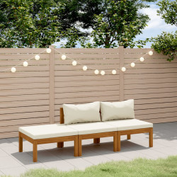 3 Pcs conjunto lounge jardim c/ almofadões creme acácia maciça