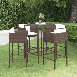 5 Pcs conjunto de bar p/ jardim com almofadões vime PE castanho