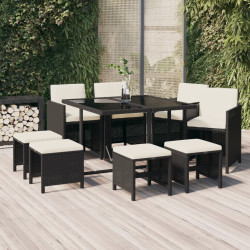 9 Pcs conjunto de jantar p/ jardim c/ almofadões vime PE preto