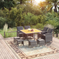 9 Pcs conjunto jantar p/ jardim c/ almofadões vime PE cinzento