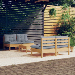 5 Pcs conjunto lounge de jardim c/ almofadões cinzentos pinho