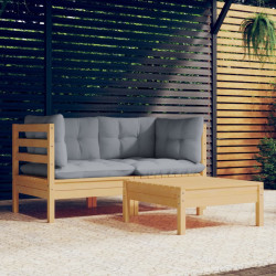 3 Pcs conjunto lounge de jardim c/ almofadões cinzentos pinho