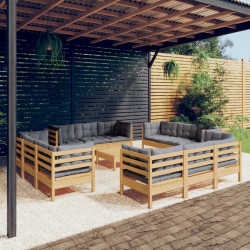 13 Pcs conjunto lounge de jardim c/ almofadões cinzentos pinho