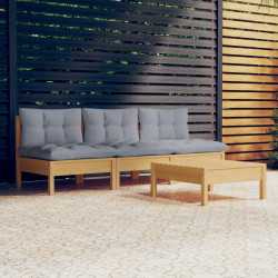 4 Pcs conjunto lounge de jardim c/ almofadões cinzentos pinho