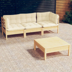 4 Pcs conjunto lounge jardim c/ almofadões creme pinho