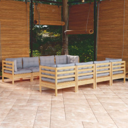 9 Pcs conjunto lounge de jardim + almofadões cinza pinho maciço