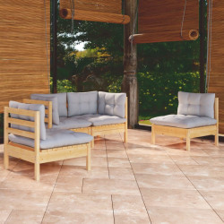 4 Pcs conjunto lounge de jardim + almofadões cinza pinho maciço