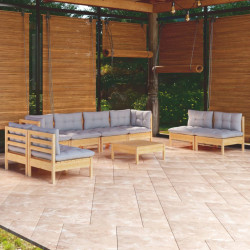 9 Pcs conjunto lounge de jardim + almofadões cinza pinho maciço