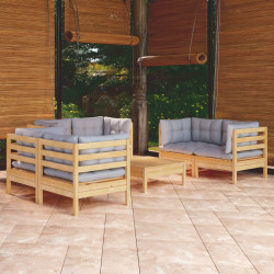 7Pcs conjunto lounge de jardim c/ almofadões cinza pinho maciço