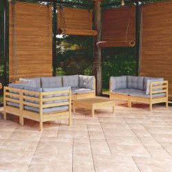 8 Pcs conj. lounge jardim c/ almofadões cinzentos pinho maciço