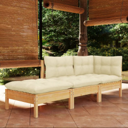 3 Pcs conjunto lounge jardim c/ almofadões creme pinho maciço
