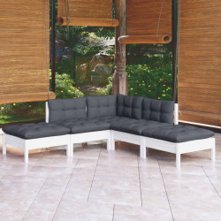 5 Pcs conjunto lounge de jardim c/ almofadões pinho branco