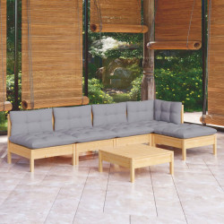 6 Pcs conjunto lounge de jardim c/ almofadões cinzentos pinho