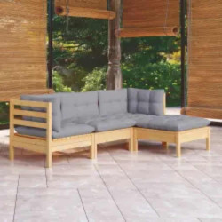 4 Pcs conjunto lounge de jardim c/ almofadões cinzentos pinho