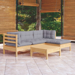5 Pcs conjunto lounge de jardim c/ almofadões cinza pinho