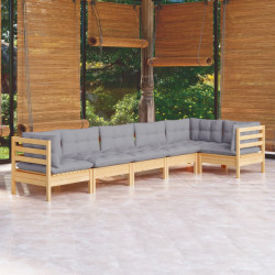 6 Pcs conjunto lounge de jardim c/ almofadões cinza pinho