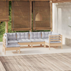 6 Pcs conjunto lounge de jardim c/ almofadões cinza pinho