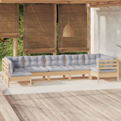 7 Pcs conjunto lounge de jardim c/ almofadões cinza pinho