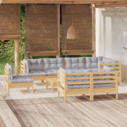 9 Pcs conjunto lounge de jardim + almofadões cinza pinho maciço